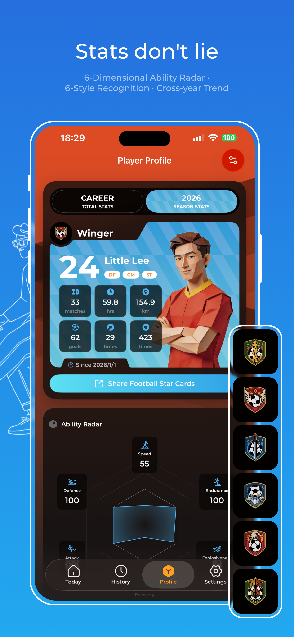 MyGoal Player Profile on iPhone showing ability radar and playing style