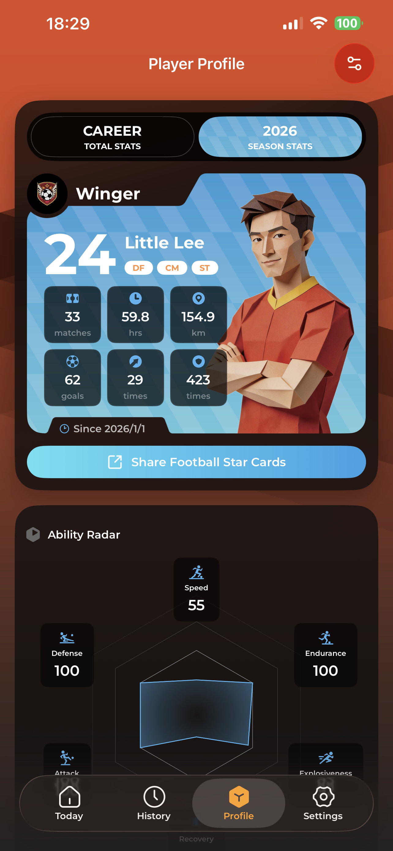 MyGoal Player Profile with ability radar and playing style